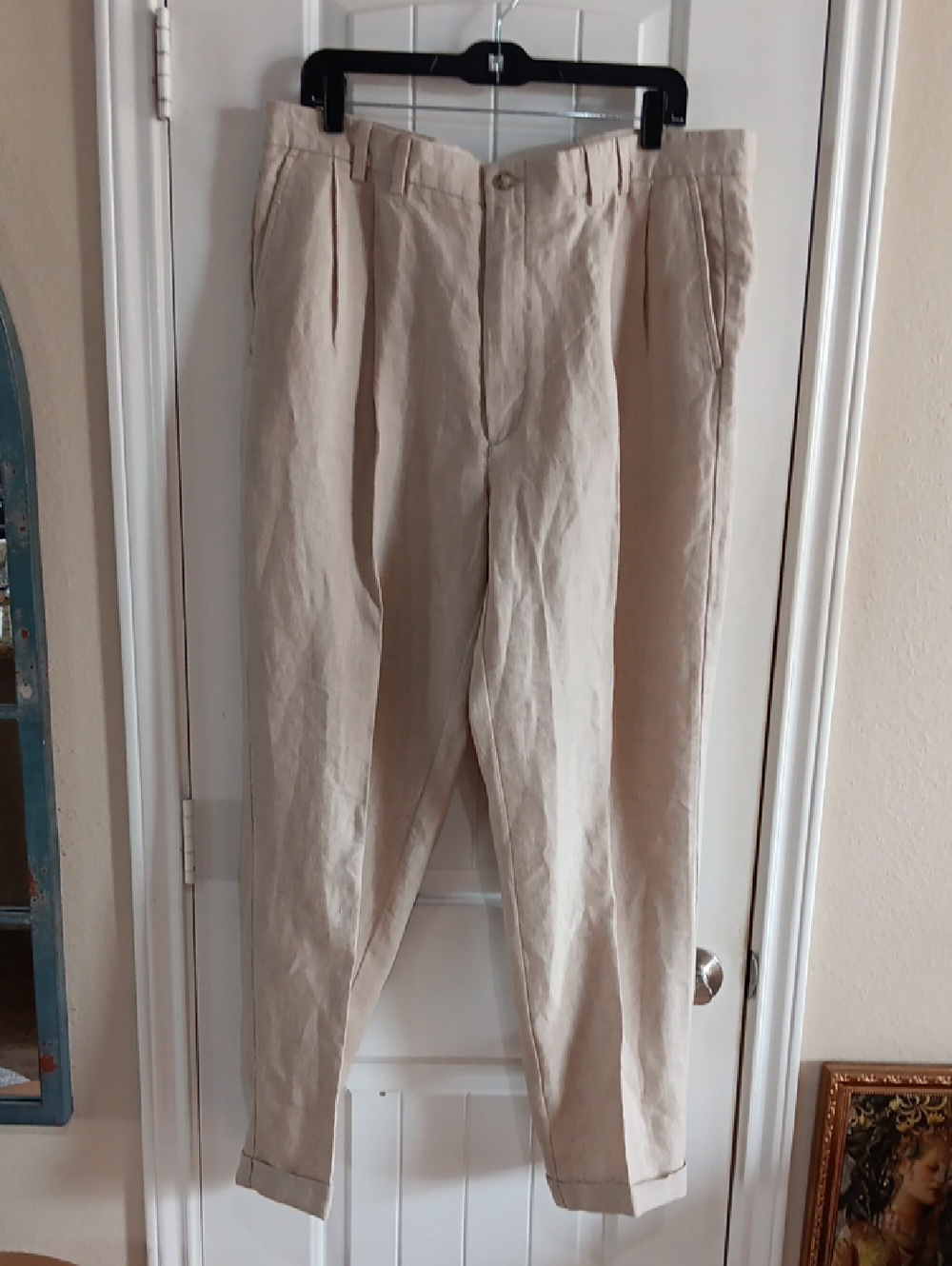 Turnbury Men's Classic Linen Dress Pants Tan Pleated Cuffed 40x30